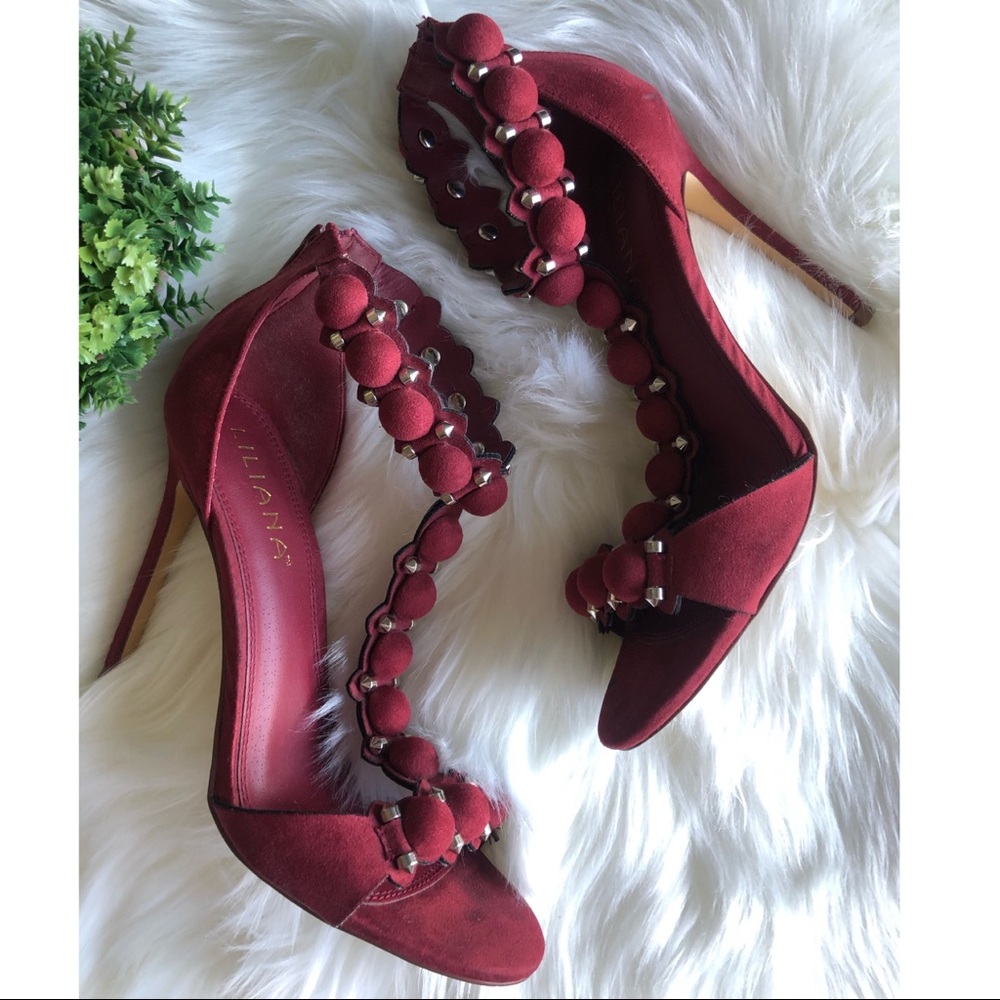 LILIANA Burgundy T-Strap Stiletto Heels